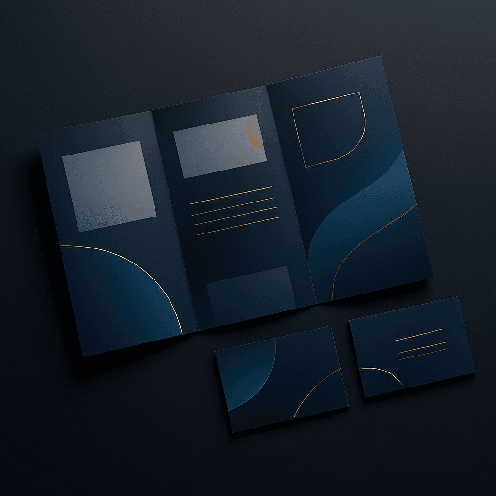 Premium tri-fold brochure design with gold foil accents