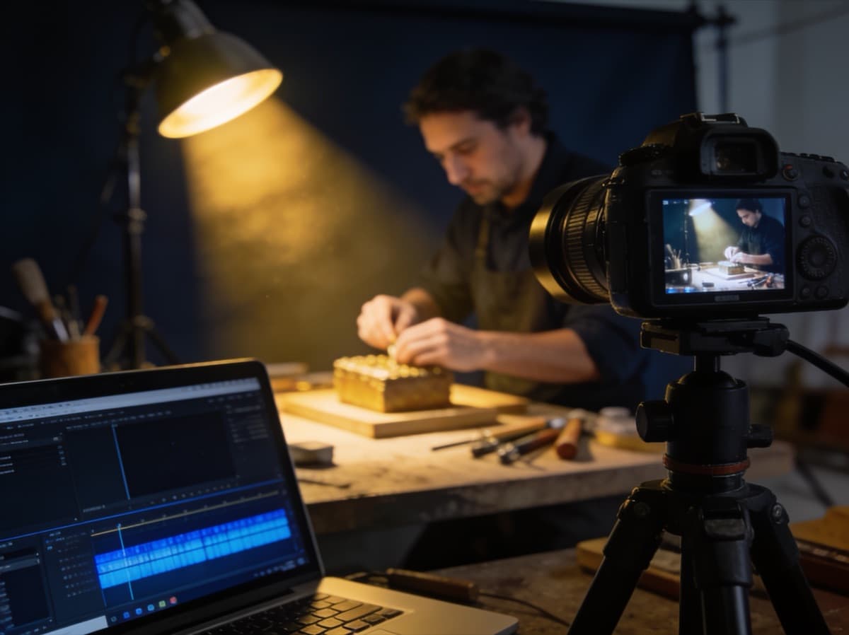 In-house content shoot: camera, warm key light and the client's product on set