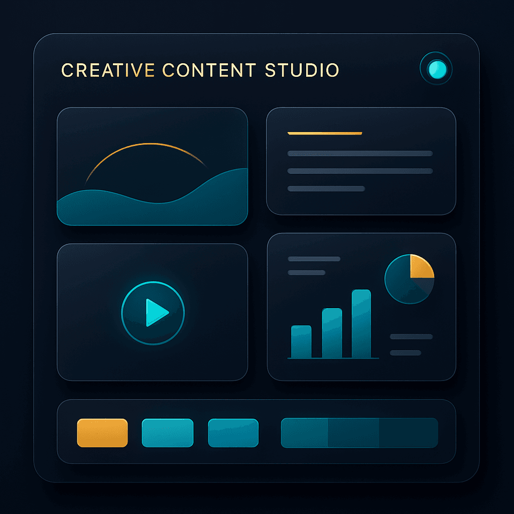 Creative content studio gallery with graphics, an article, a video thumbnail and brand assets