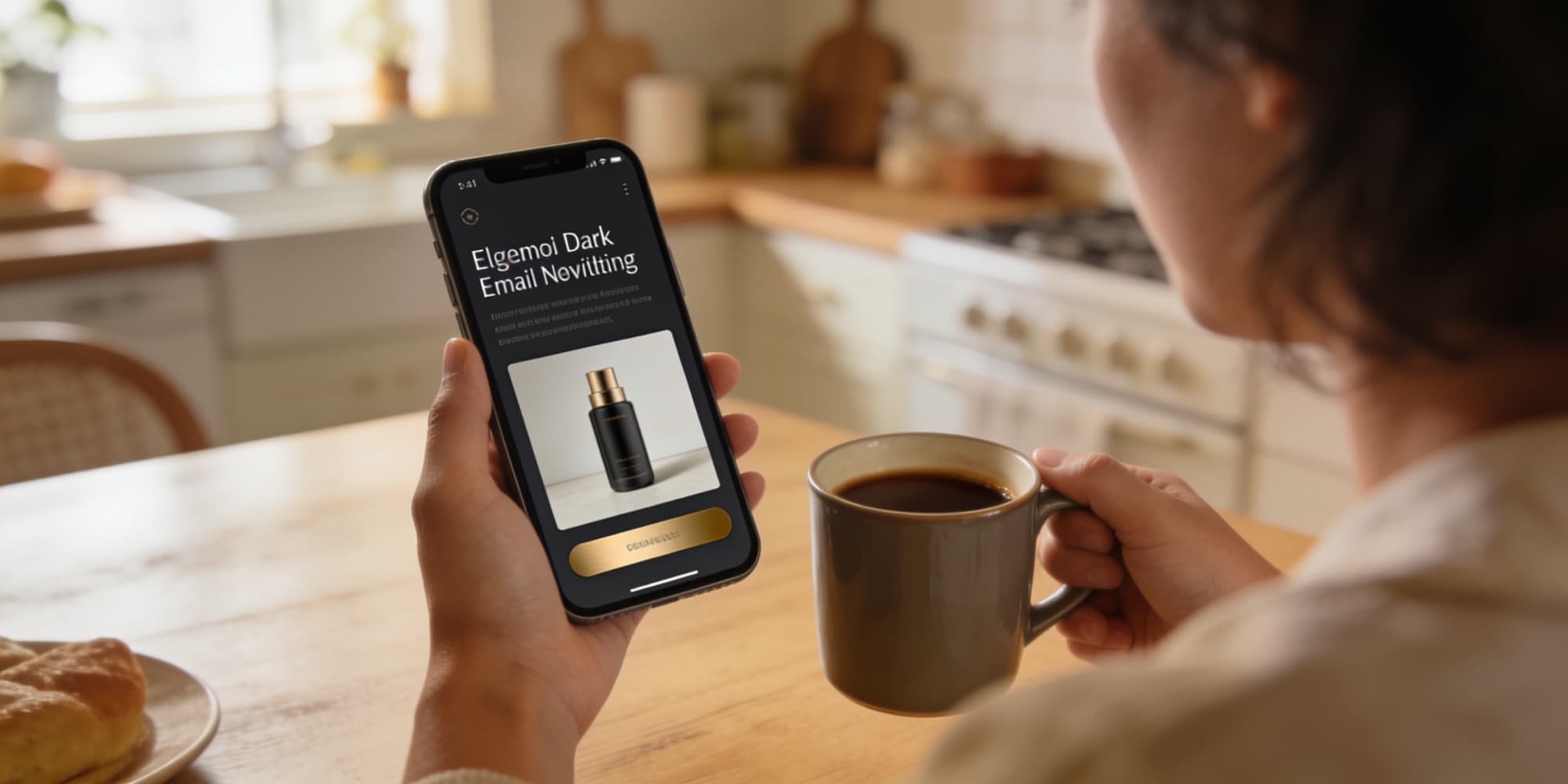 Customer reading a brand email over morning coffee