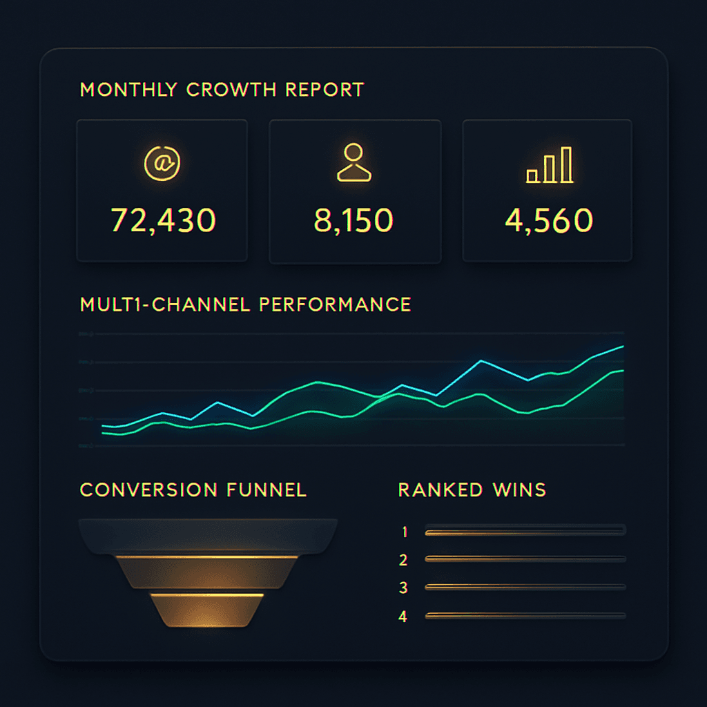 Monthly growth report dashboard with KPIs, channel performance and a conversion funnel