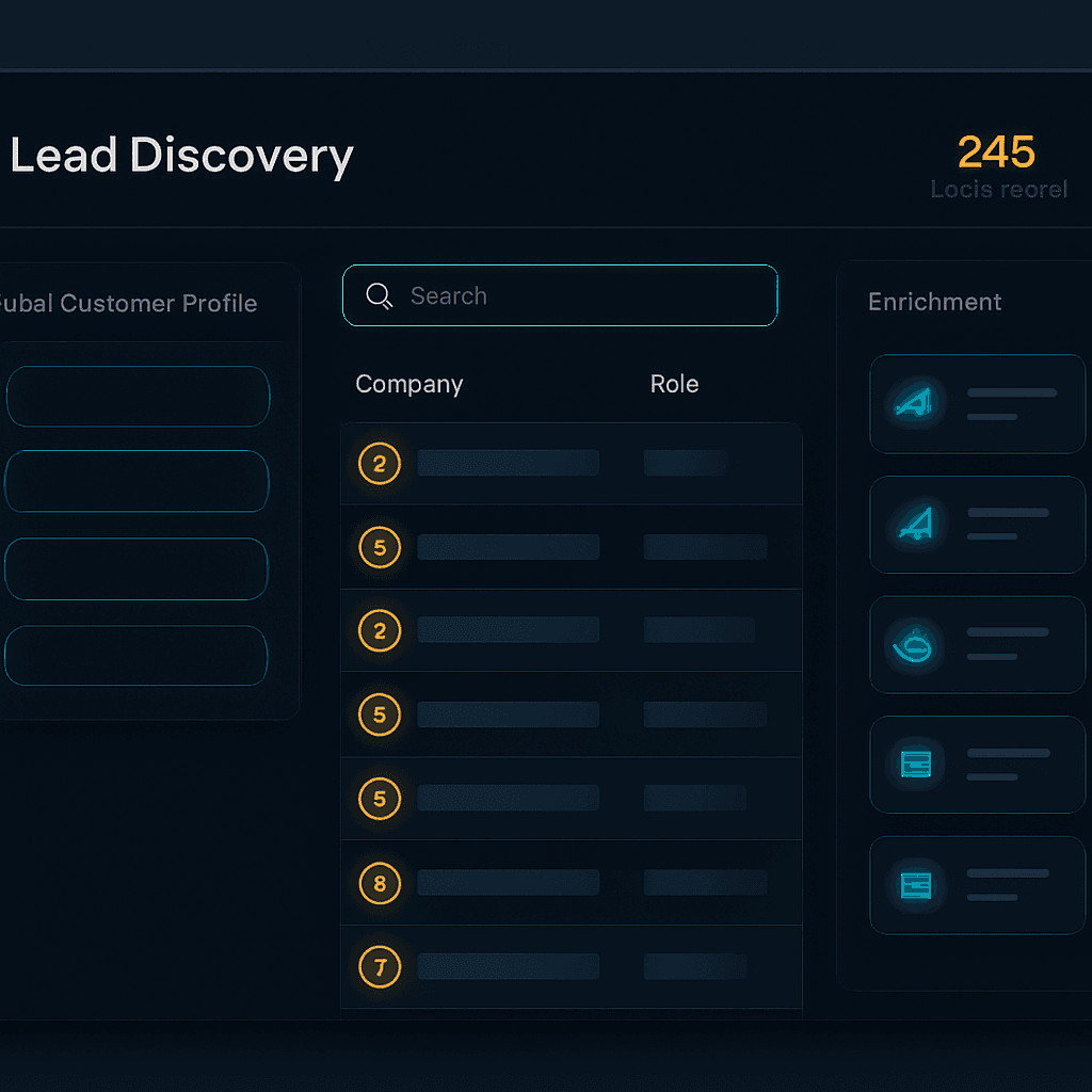 B2B lead discovery interface with a prospect list, ICP filters and lead scores