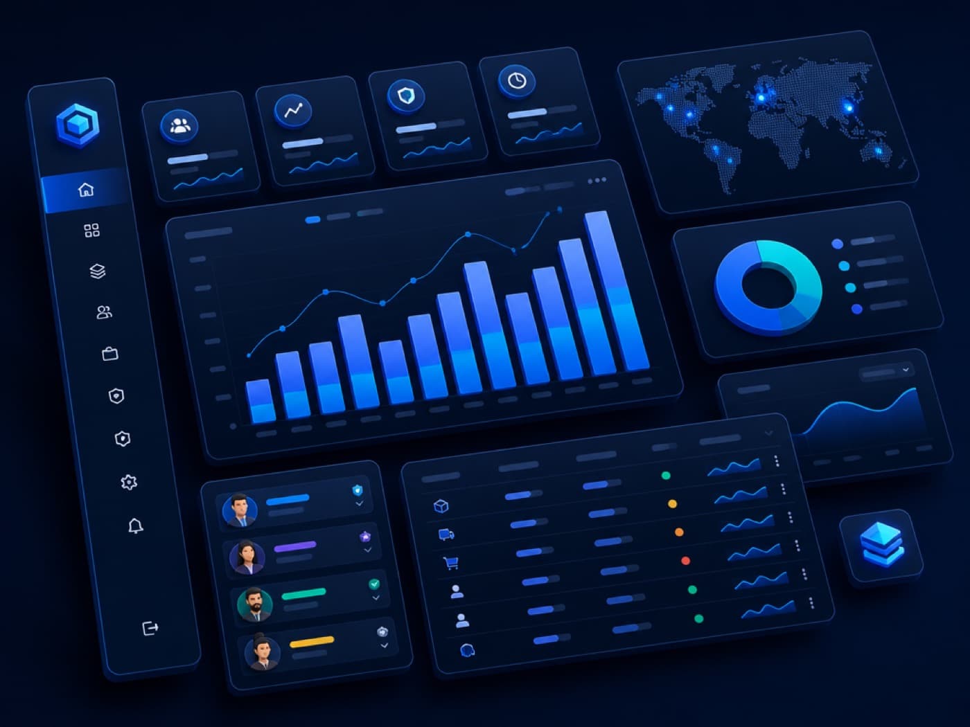 Floating dark dashboard panels with sapphire glow