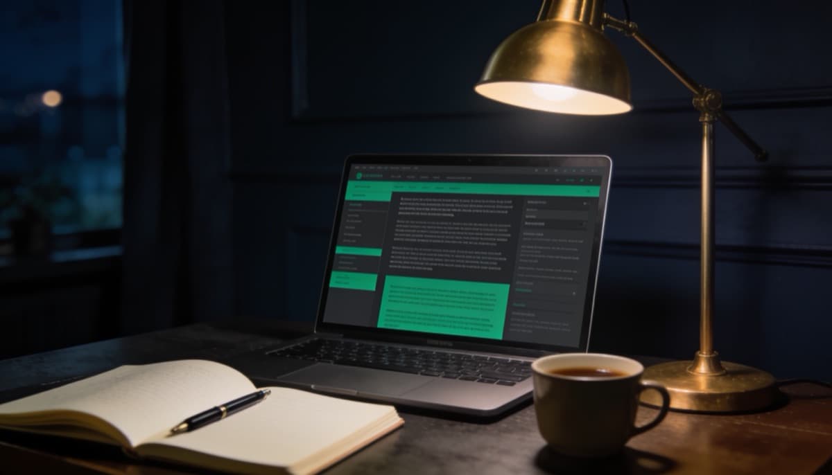 An article taking shape at a warm desk at night