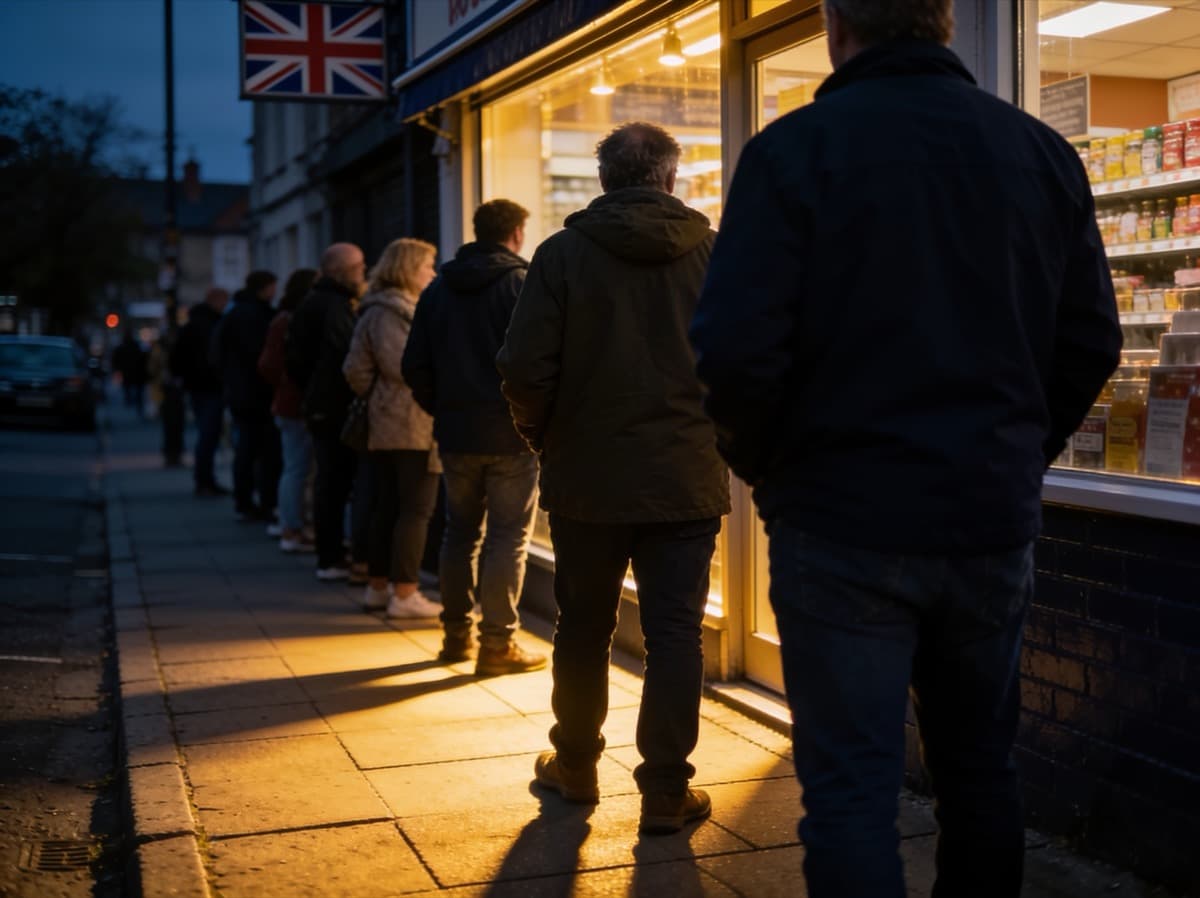Customers queuing outside a warmly lit shop at dusk