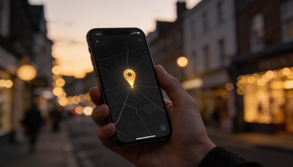Phone map with a glowing gold pin finding the business on the high street