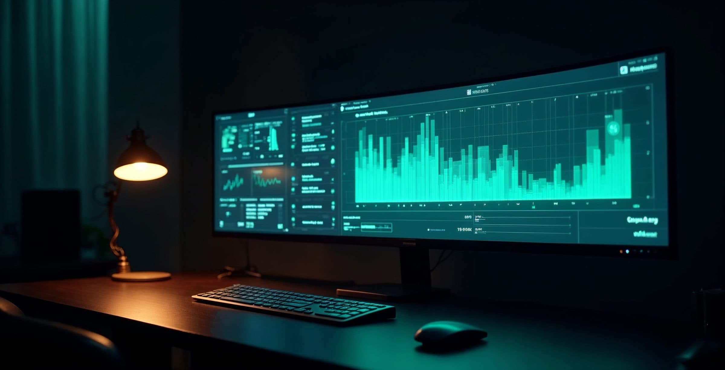 A darkened studio desk at night, an ultrawide monitor showing diagnostic panels beside a brass lamp