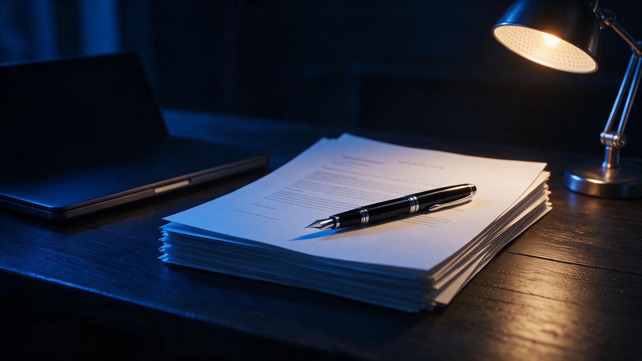 A stack of formal documents and a pen on a dark desk