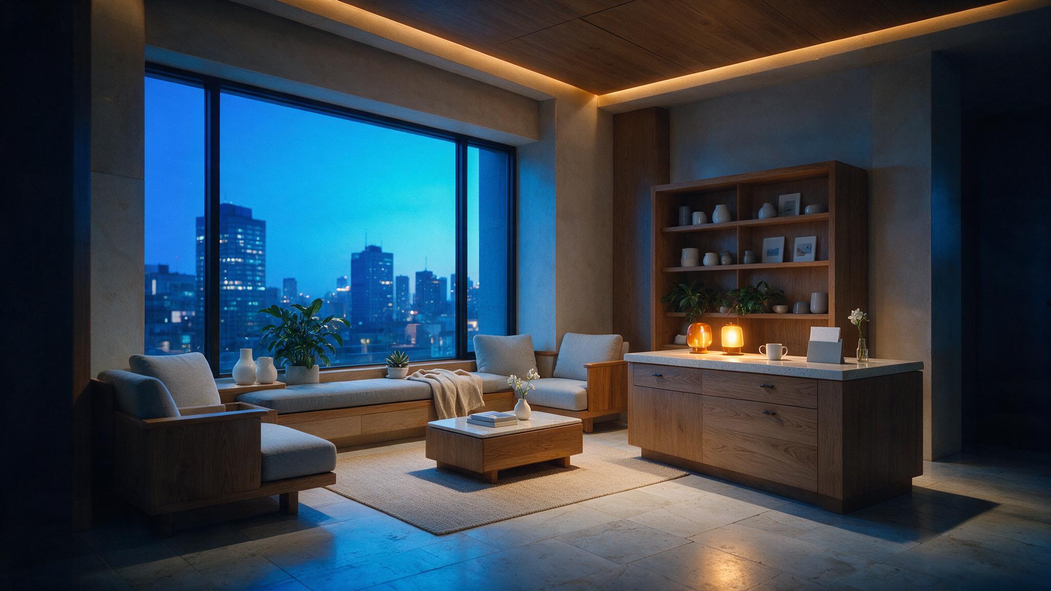 A modern private dental practice reception in the early evening, empty and calm