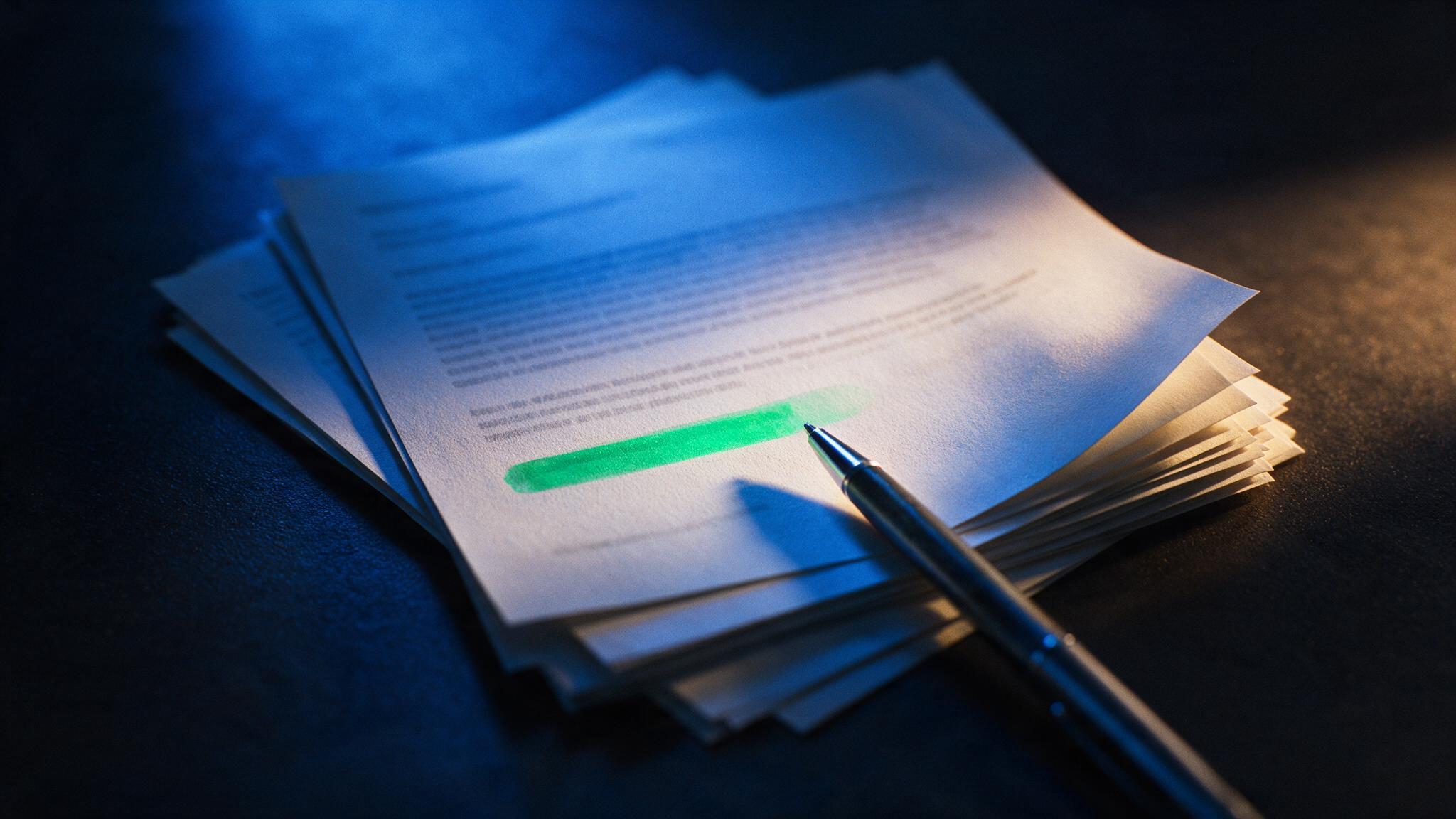 A printed contract with one clause marked by a green highlighter, a pen resting beside it