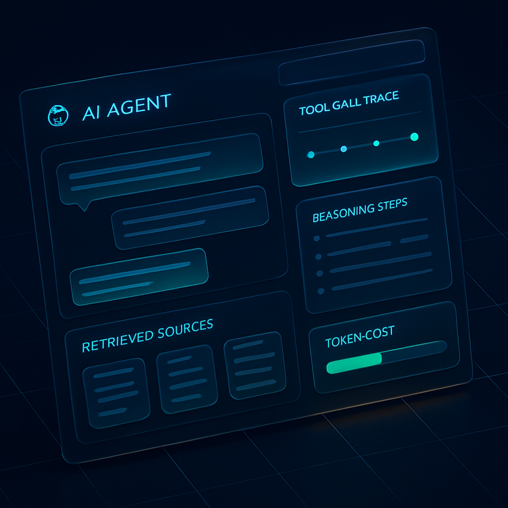 AI agent console showing a chat conversation, tool-call trace and retrieved source citations