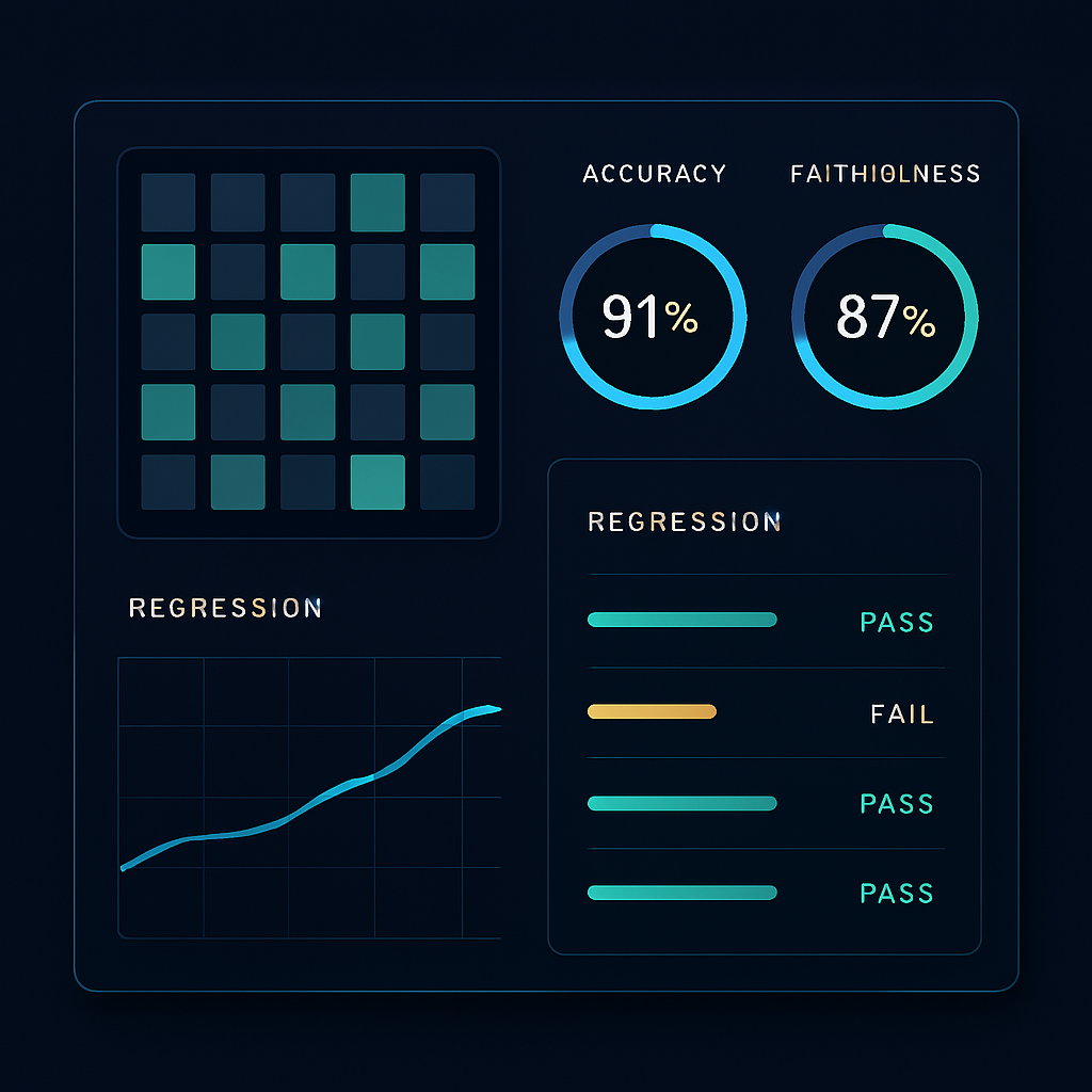 AI evaluation harness dashboard with test results, accuracy gauge and hallucination trend