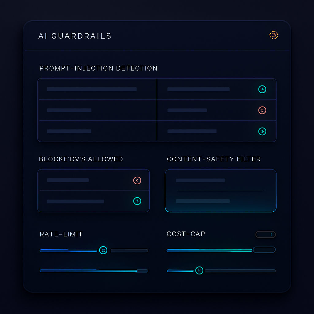 AI guardrails and prompt-firewall interface with injection detection log and cost caps