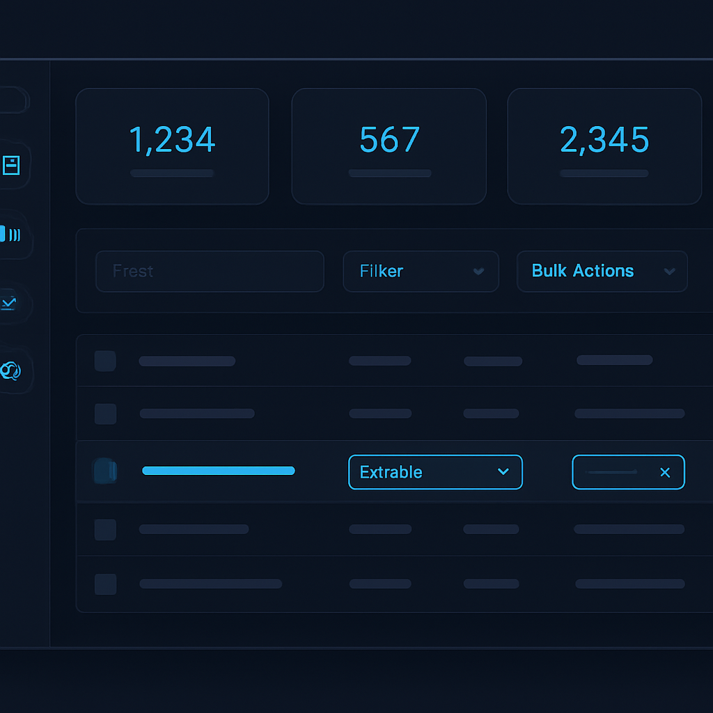 Custom internal business tool dashboard showing a data table with records, filters, bulk actions and a sidebar navigation