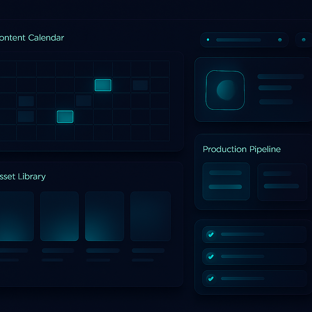 Content production system with a calendar, asset library and on-brand status badges