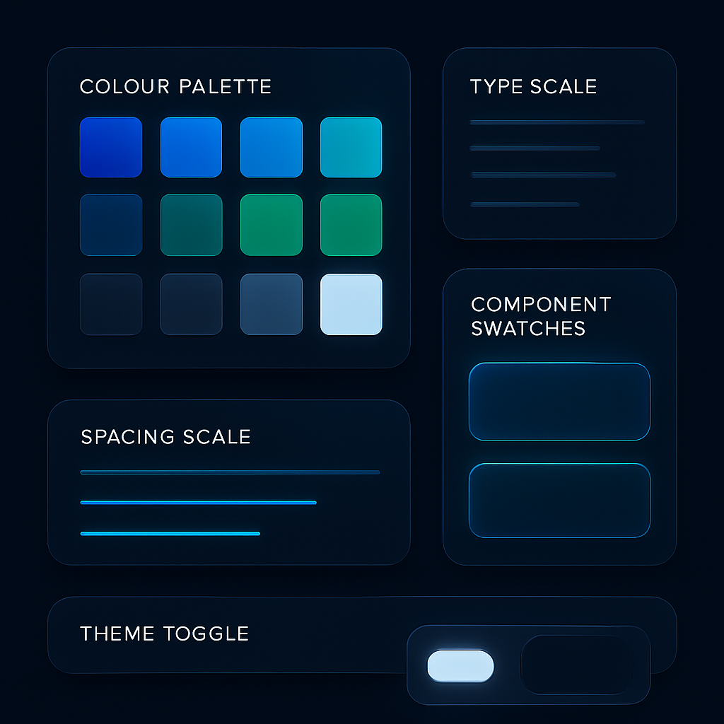 Design tokens and style system with colour palette, type scale and components