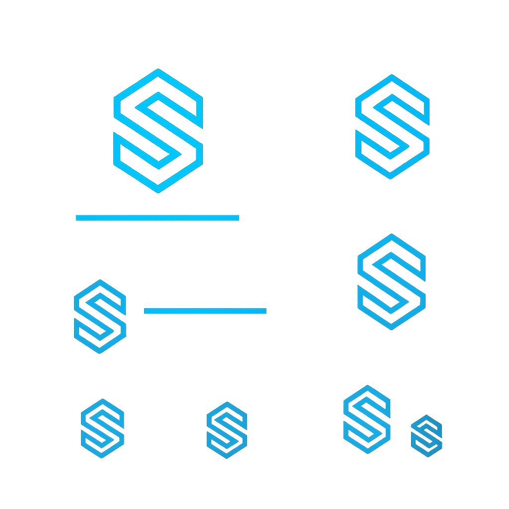 Logo system showing primary lockup, monogram and responsive variations on a grid