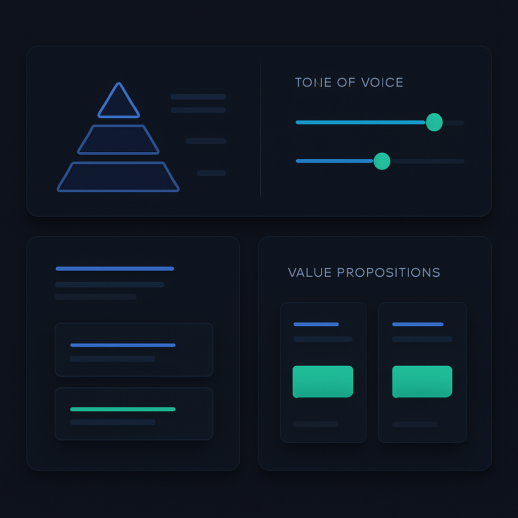 Brand voice and messaging document with a hierarchy pyramid and tone sliders
