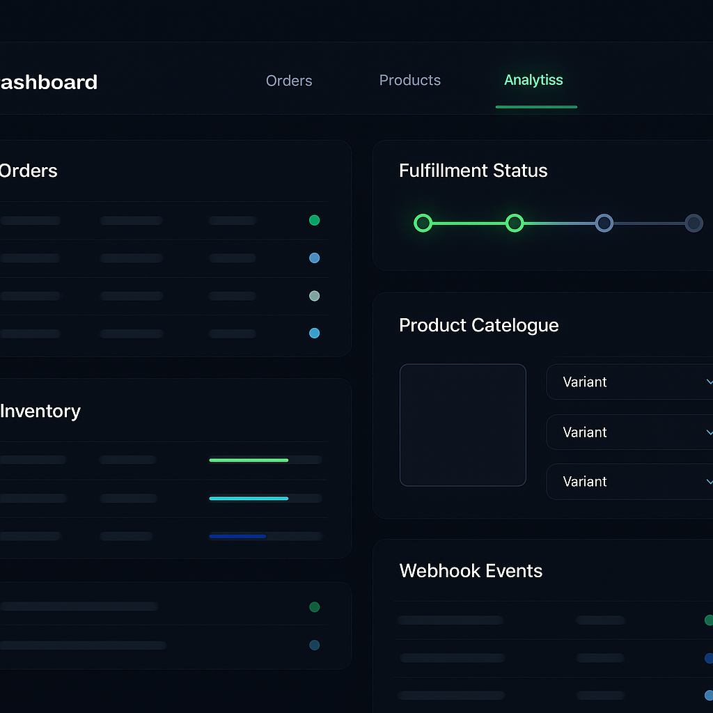 Ecommerce operator admin dashboard showing orders table, fulfilment pipeline, inventory management and webhook event log
