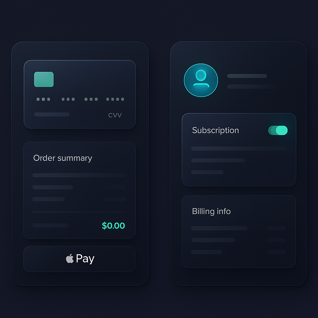 Custom Stripe-native checkout and customer billing portal user interface with card payment and subscription management