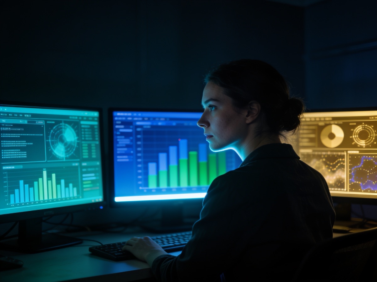 Analyst triangulating demand and visibility data across three monitors