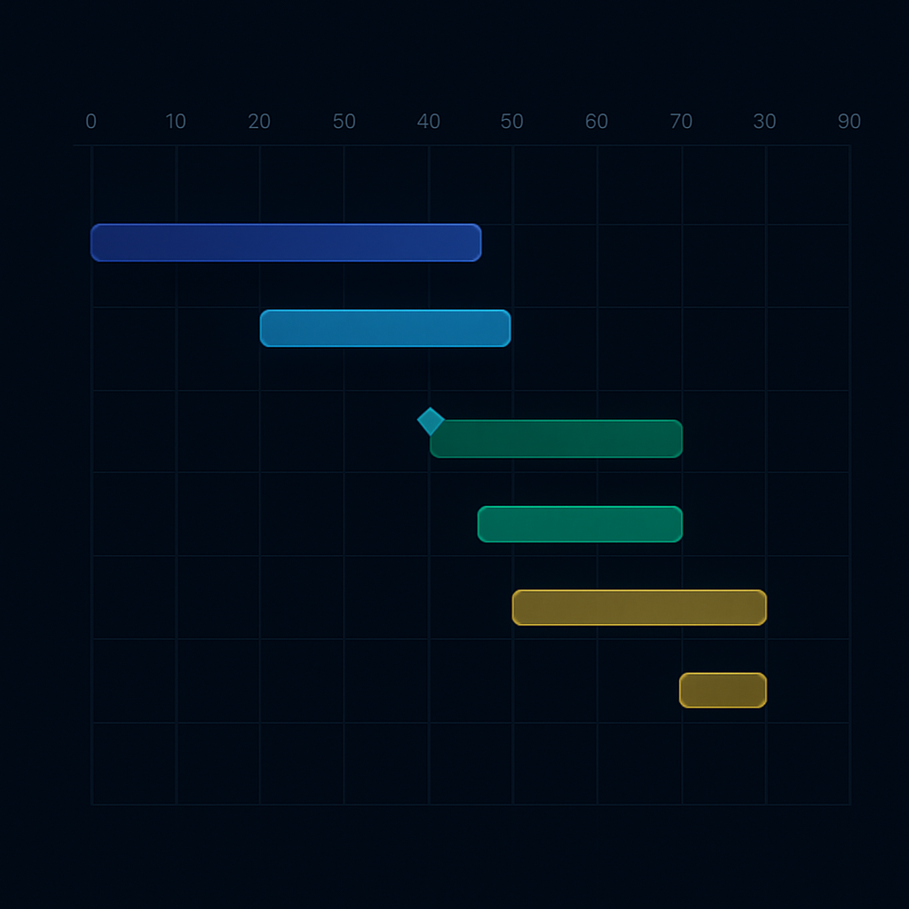 90-day delivery roadmap gantt chart with three phases