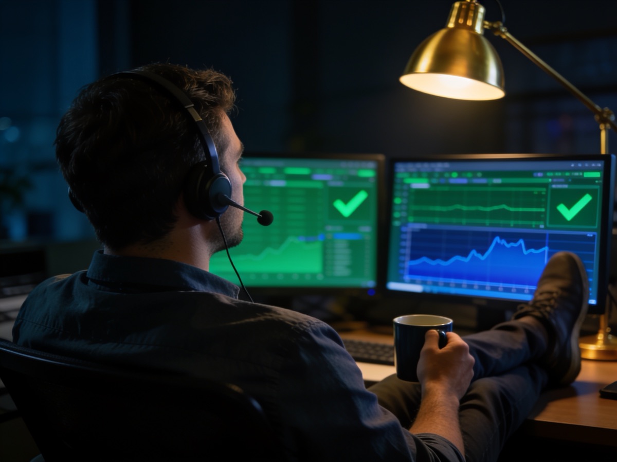 Support engineer relaxed in front of calm, all-green monitoring dashboards