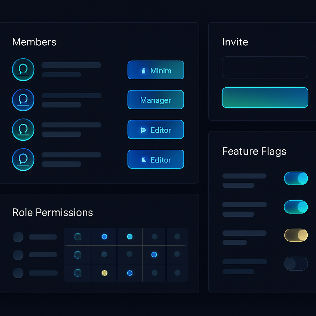 SaaS teams and roles admin with member table, role badges and permission matrix