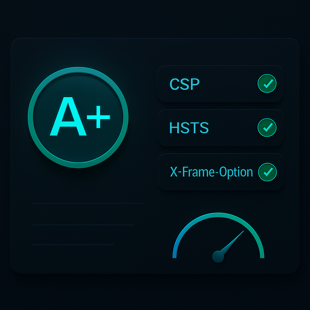 Security headers scan report showing an A-plus grade with CSP, HSTS and other headers passing
