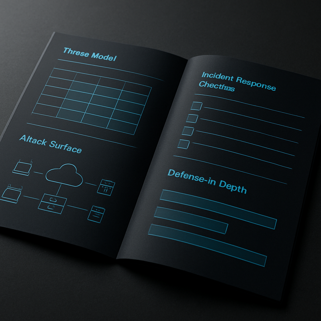 Printed threat-model and security operations runbook document with attack-surface diagram and incident response checklist