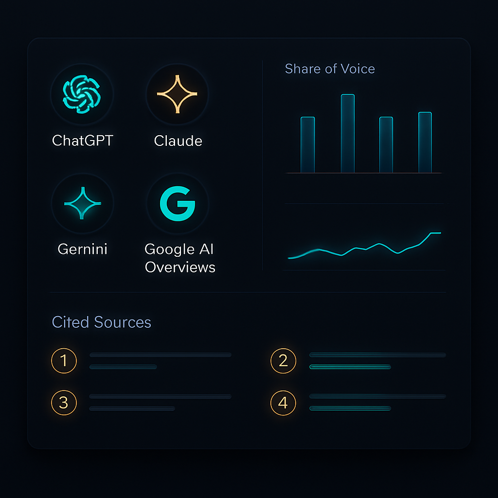 AI citation tracker showing a brand cited across ChatGPT, Claude, Gemini and Google AI Overviews
