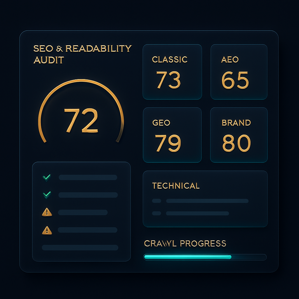 SEO and readability audit dashboard with category scores and a pass-fail checklist