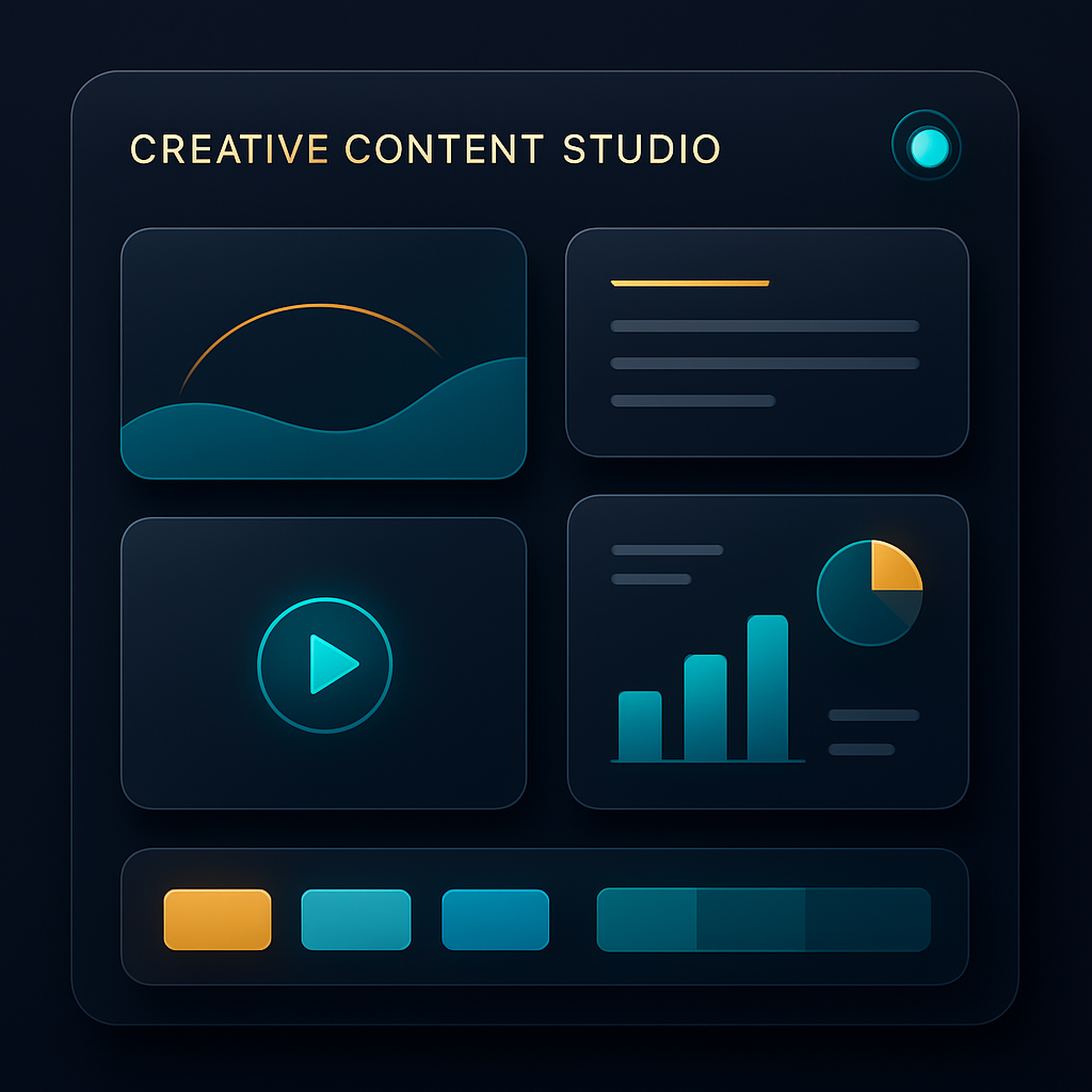 Creative content studio gallery with graphics, an article, a video thumbnail and brand assets