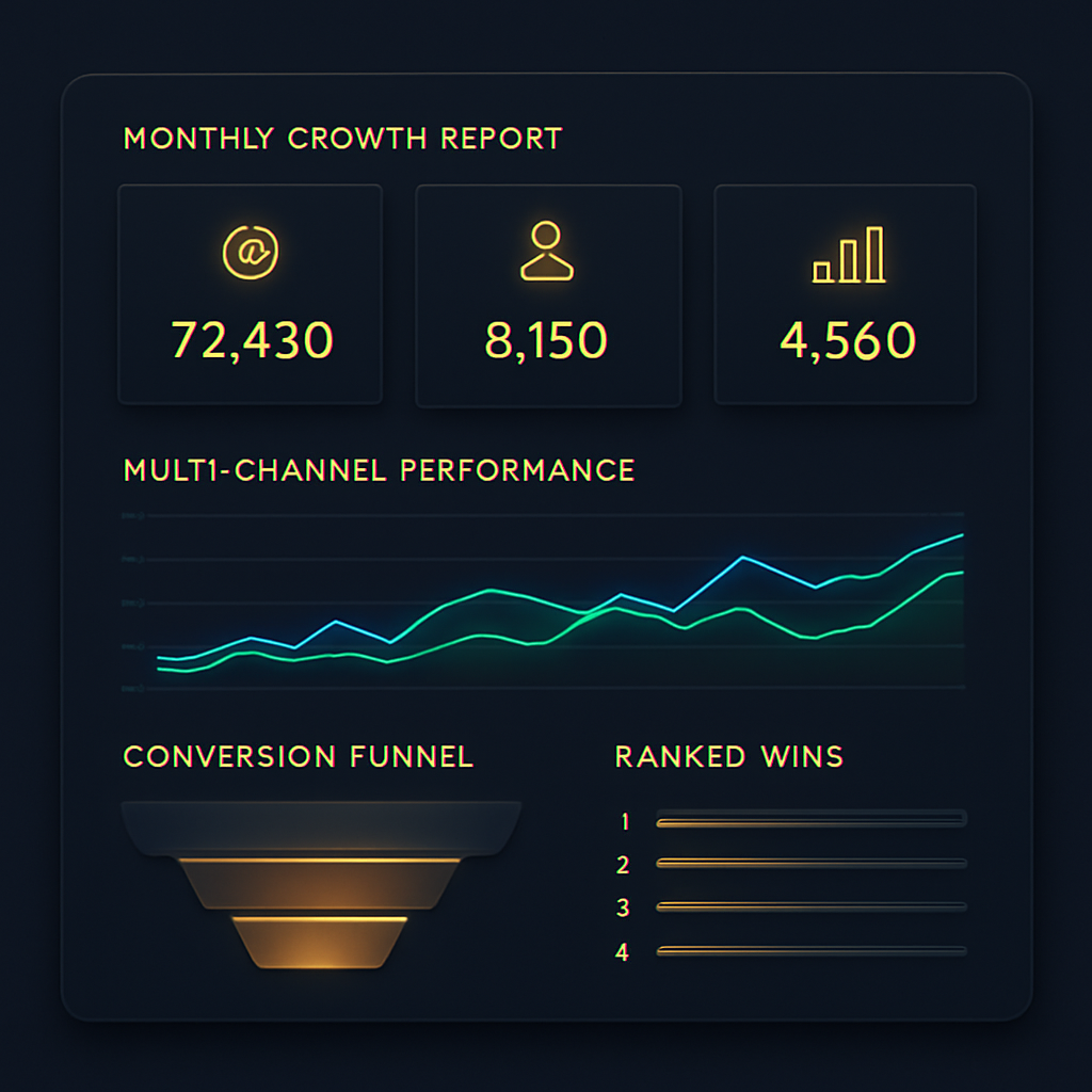 Monthly growth report dashboard with KPIs, channel performance and a conversion funnel